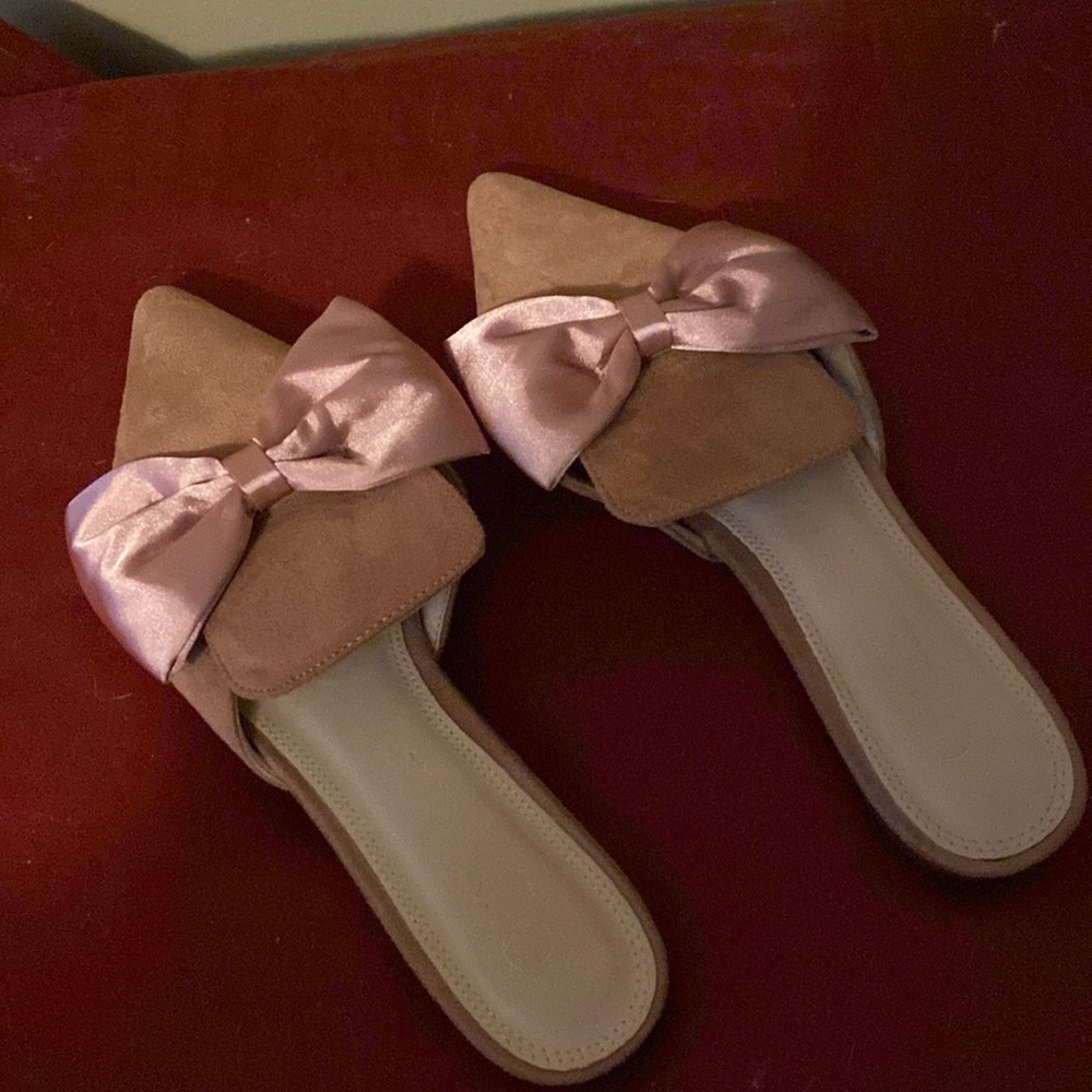 Pink suede satin bow flat mule slipper